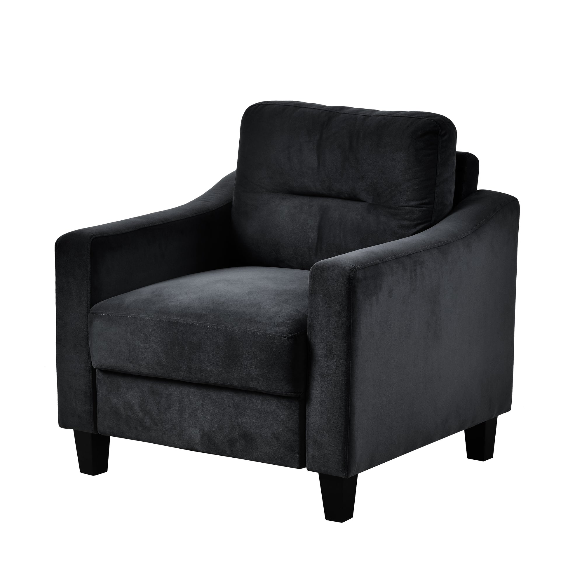 Plush dark grey velvet armchair with modern squared arms and comfortable seating