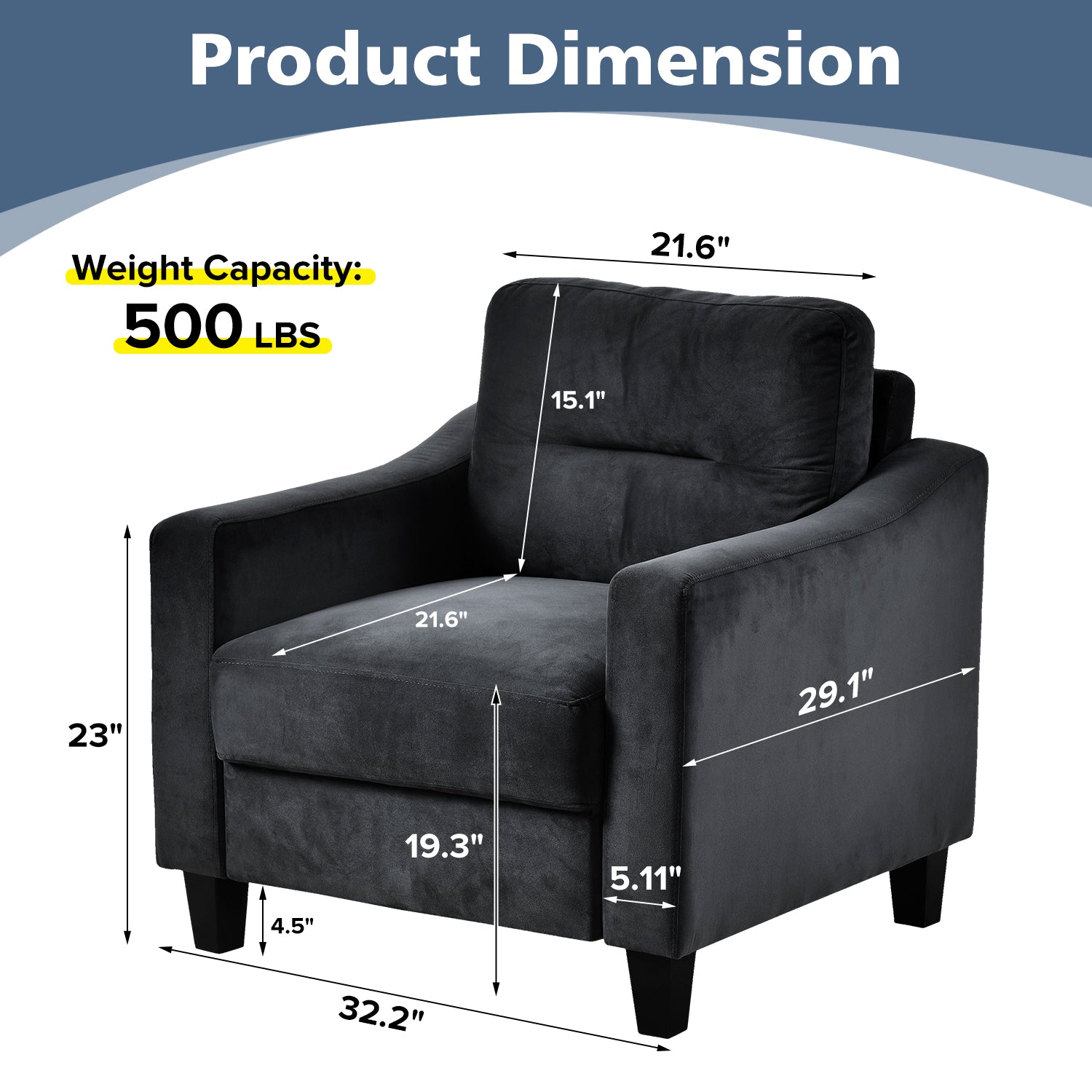 Dark gray velvet accent chair with plush cushions and sturdy legs  lbs weight capacity