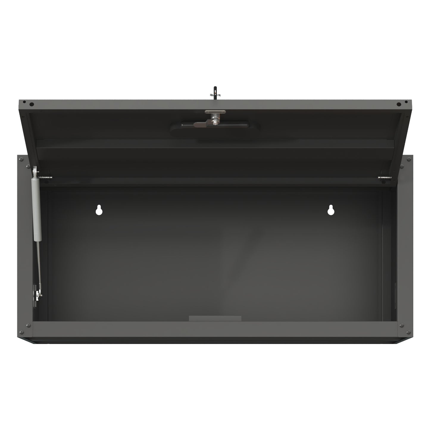 Gray steel wallmounted storage box with open lid and lock mechanism