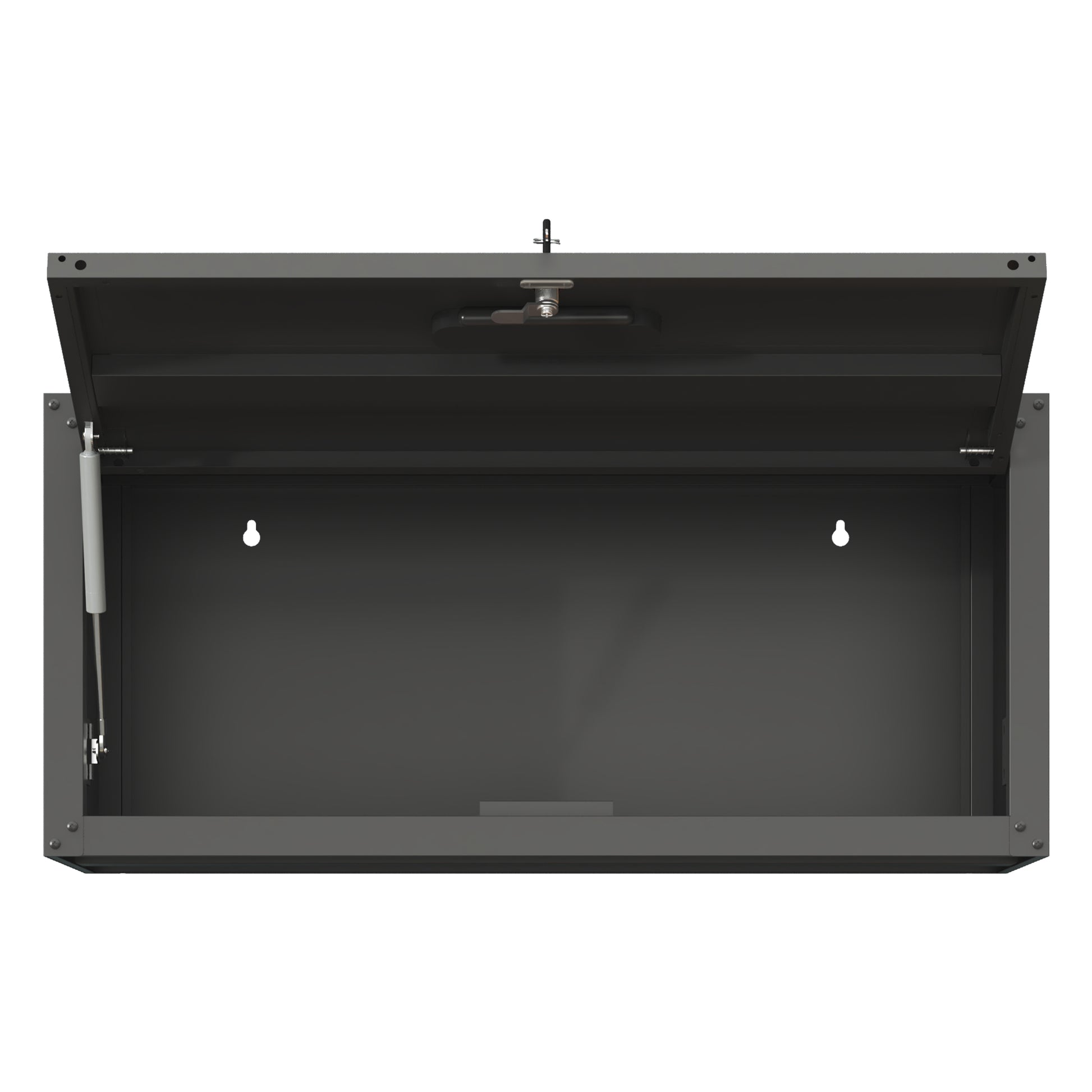 Gray steel wallmounted storage box with open lid and lock mechanism