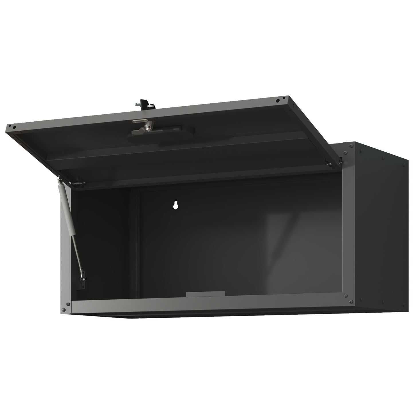 Gray metal wall cabinet with gas strut and lock