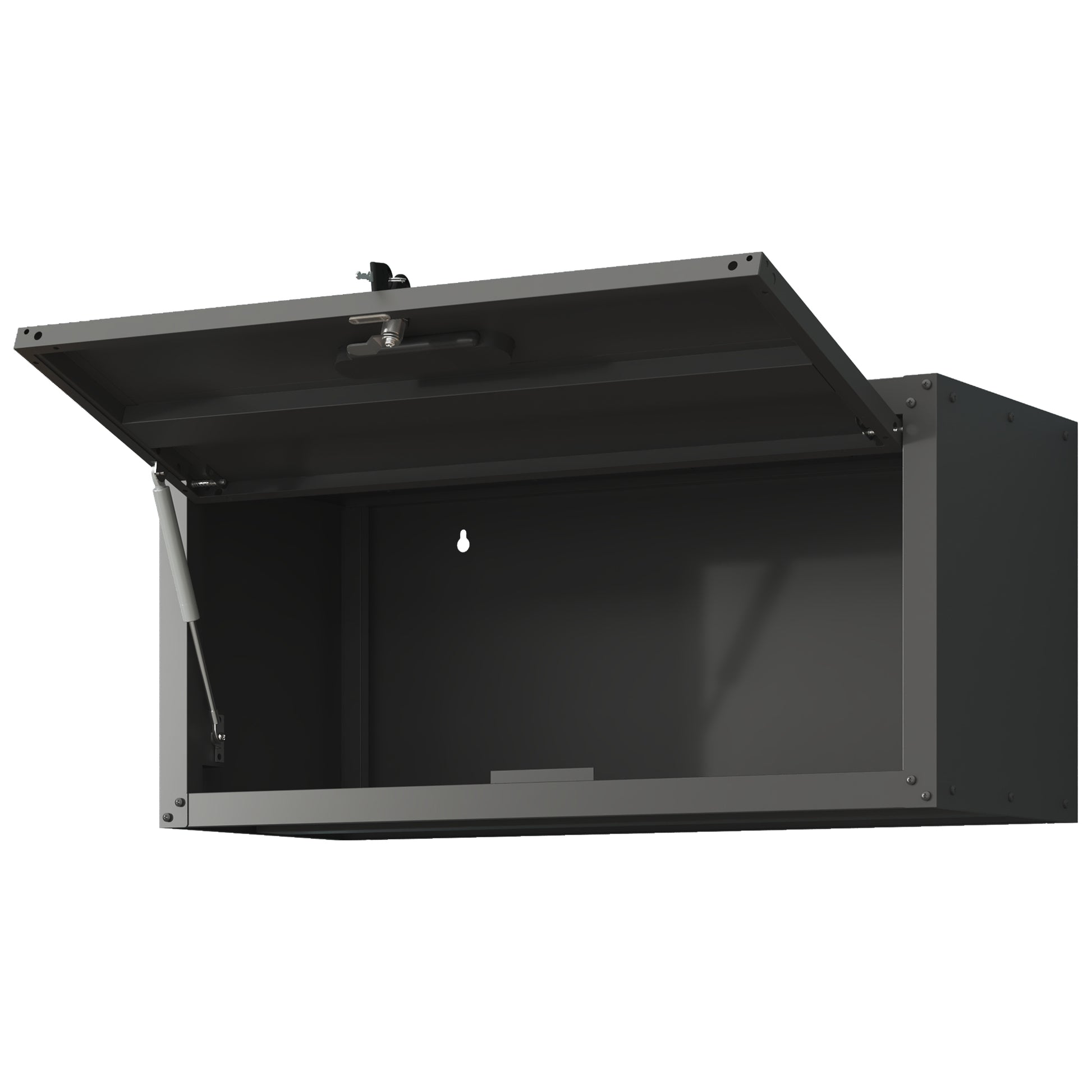 Gray metal wall cabinet with gas strut and lock
