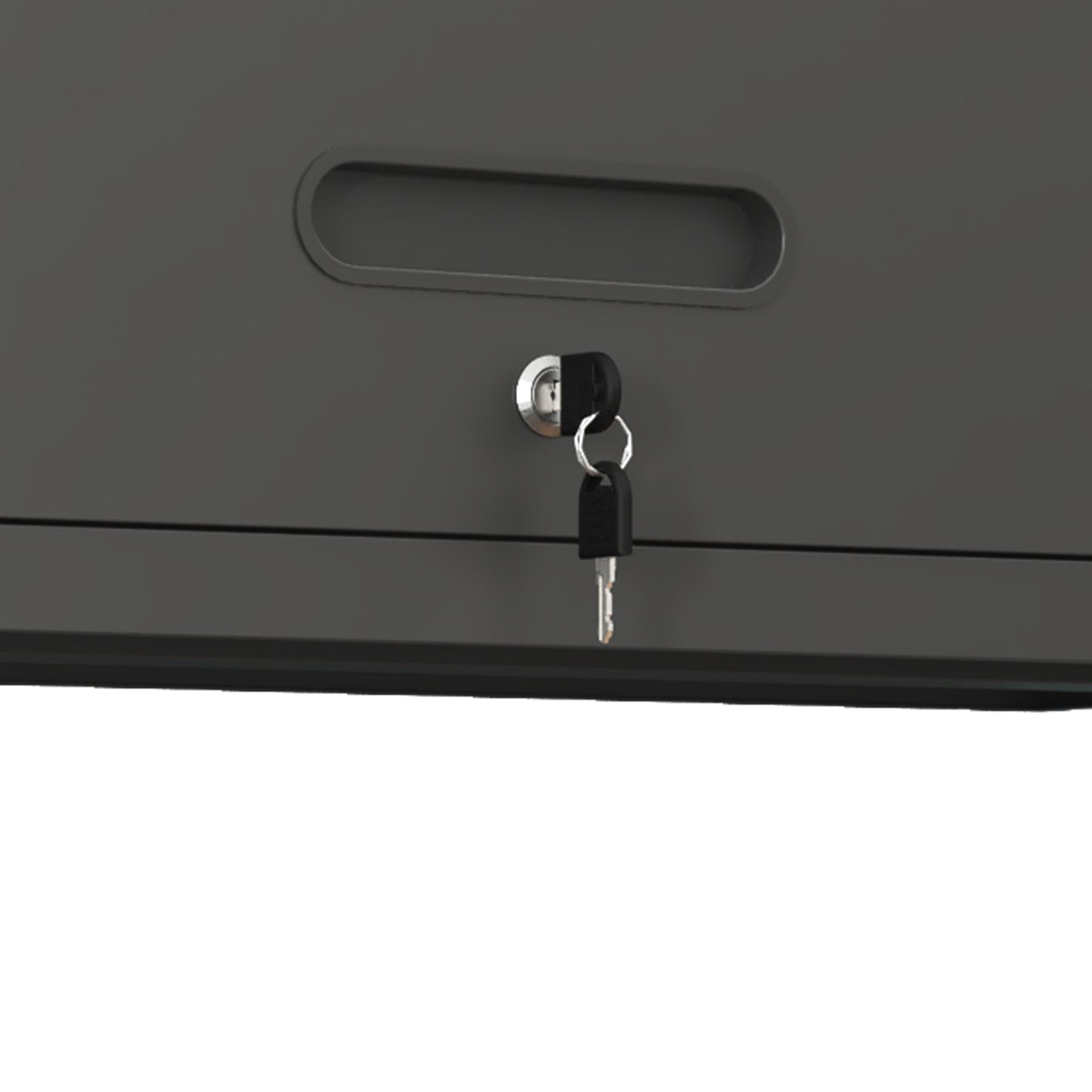 Gray filing cabinet drawer with silver key and oval handle
