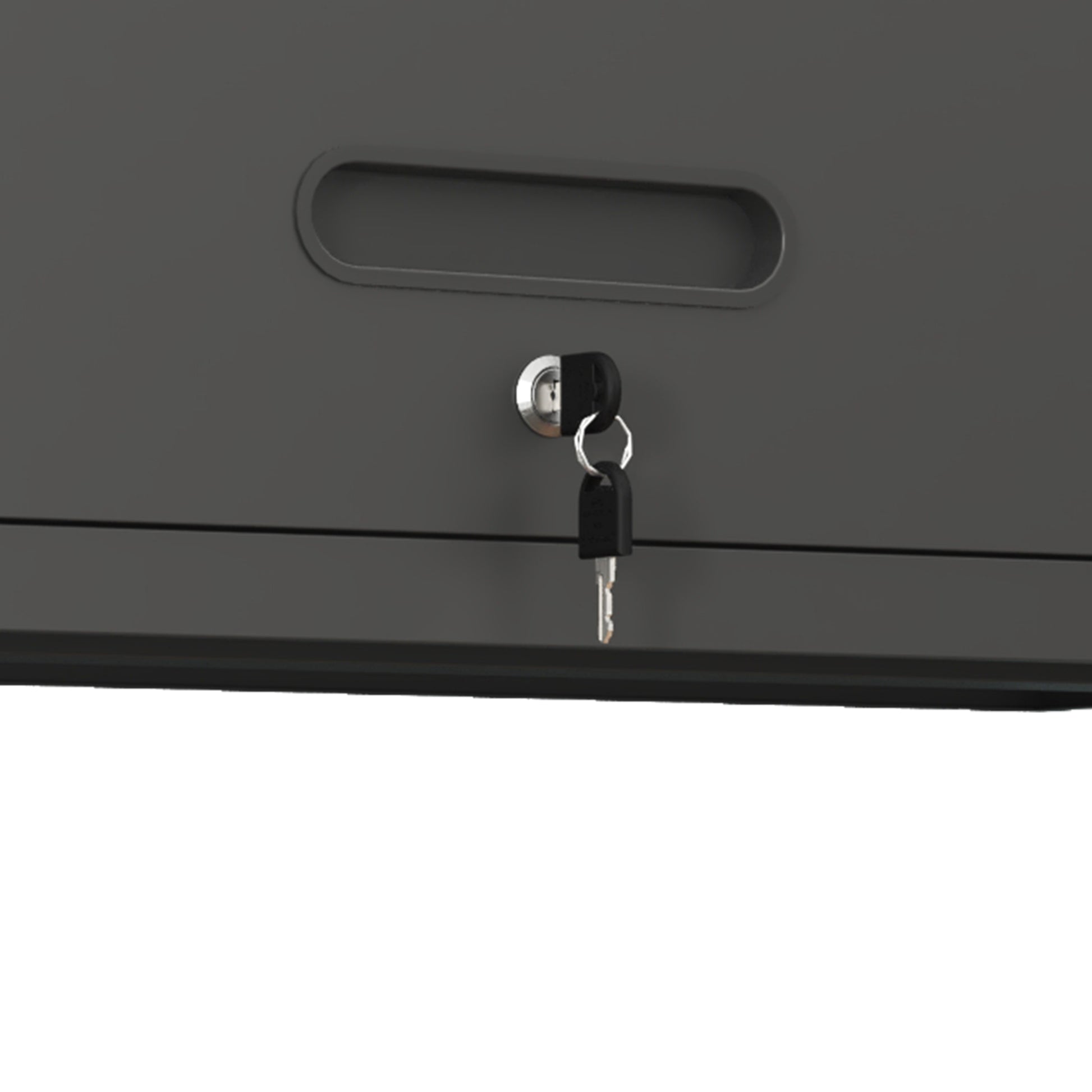 Gray filing cabinet drawer with silver key and oval handle