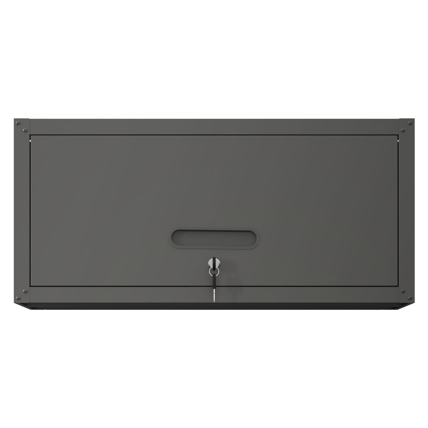 Gray metal secure lock box with key and recessed handle  characters