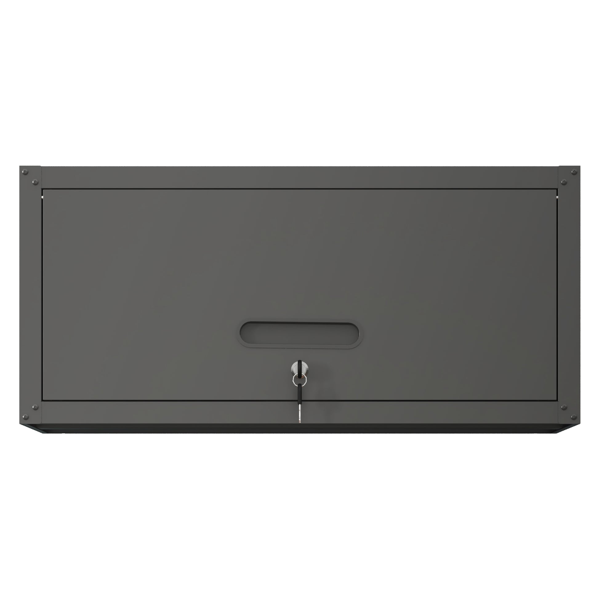 Gray metal secure lock box with key and recessed handle  characters