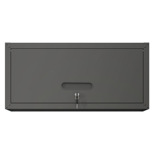 Gray metal secure lock box with key and recessed handle  characters