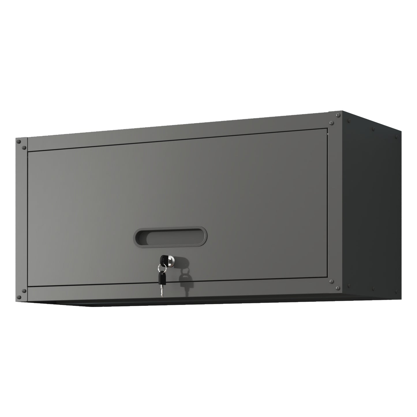 Grey metal garage wall cabinet with keyed lock and handle