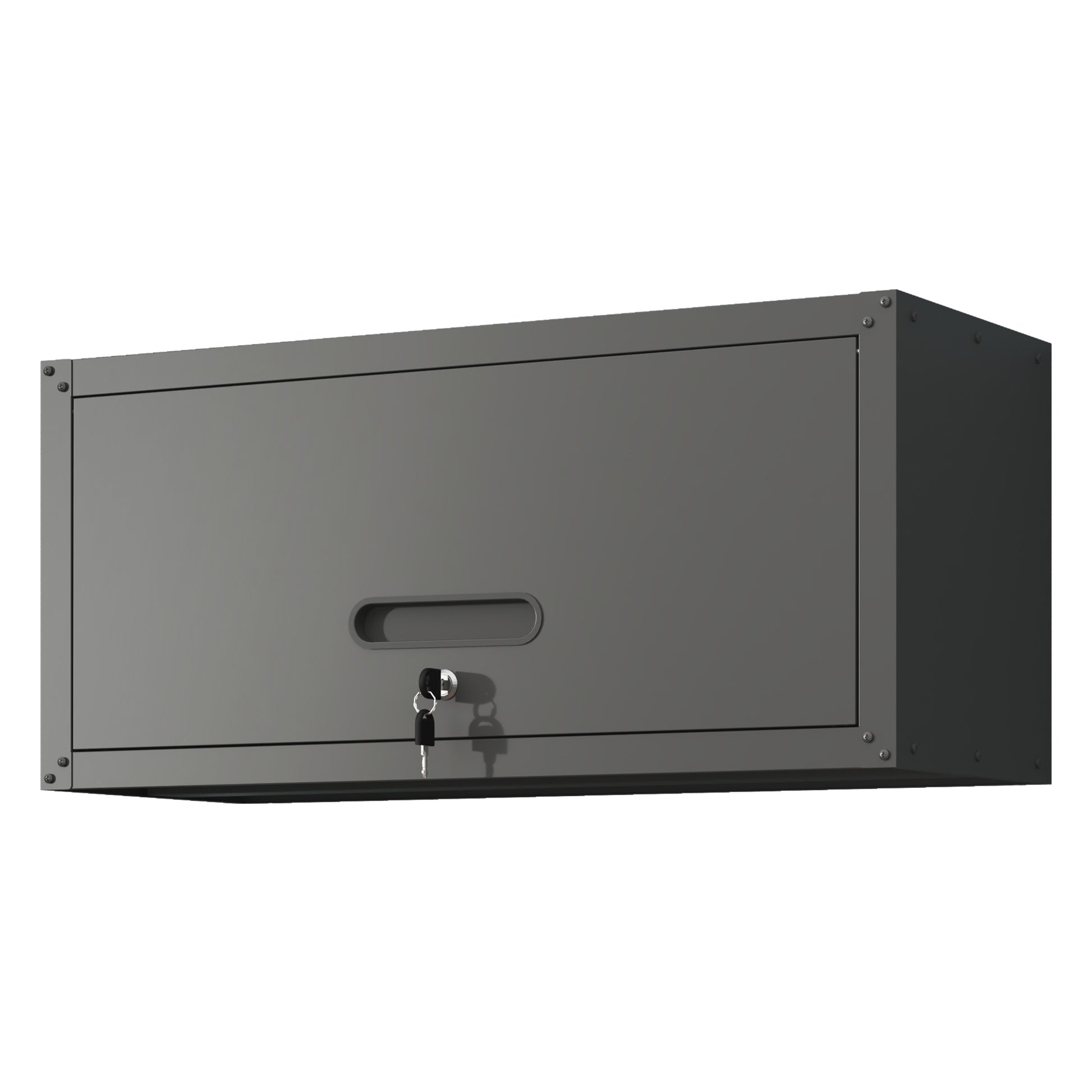 Grey metal garage wall cabinet with keyed lock and handle