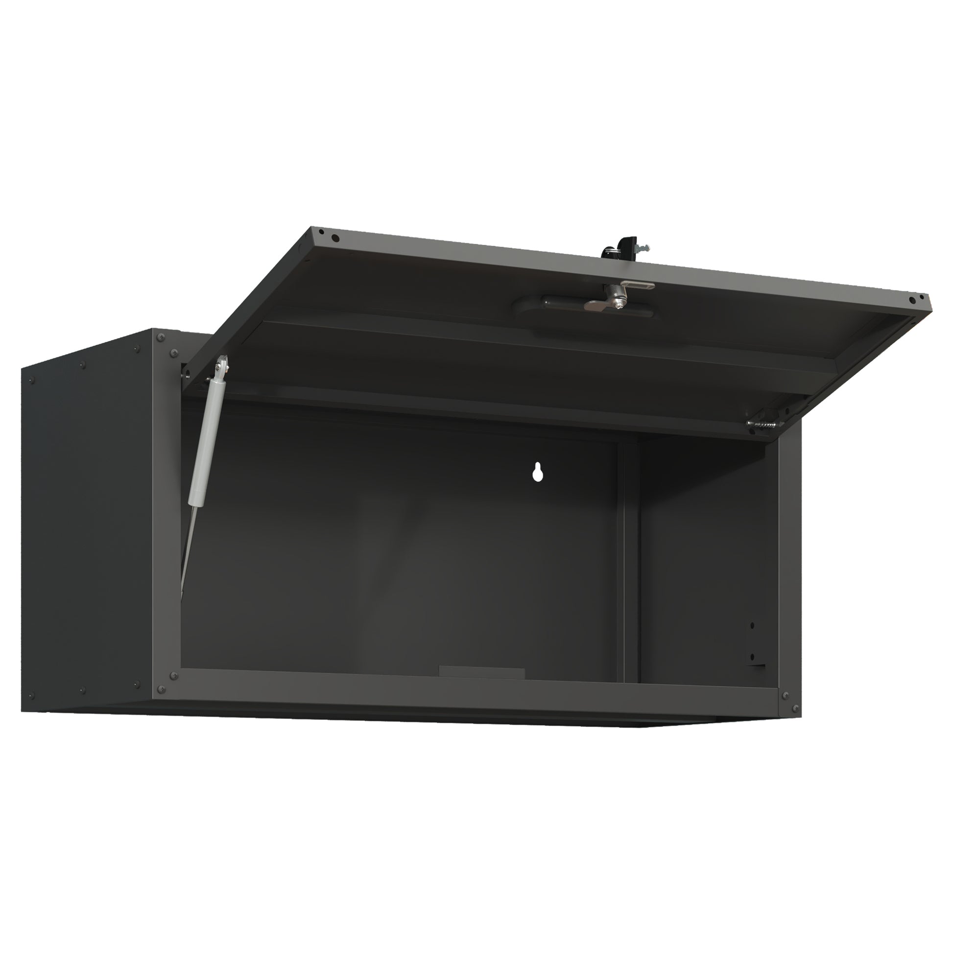 Dark gray metal wallmounted cabinet with open lid lock and gas strut