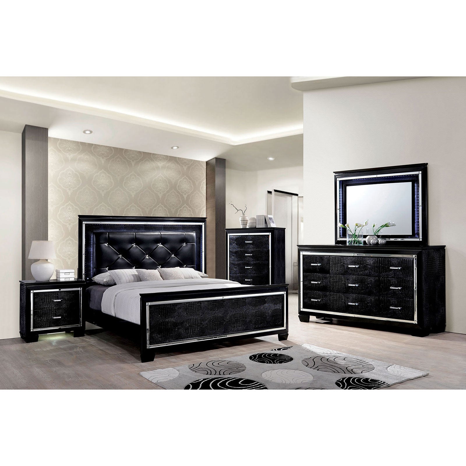 Black tufted headboard king bed with crocodile embossed accents and LED lights