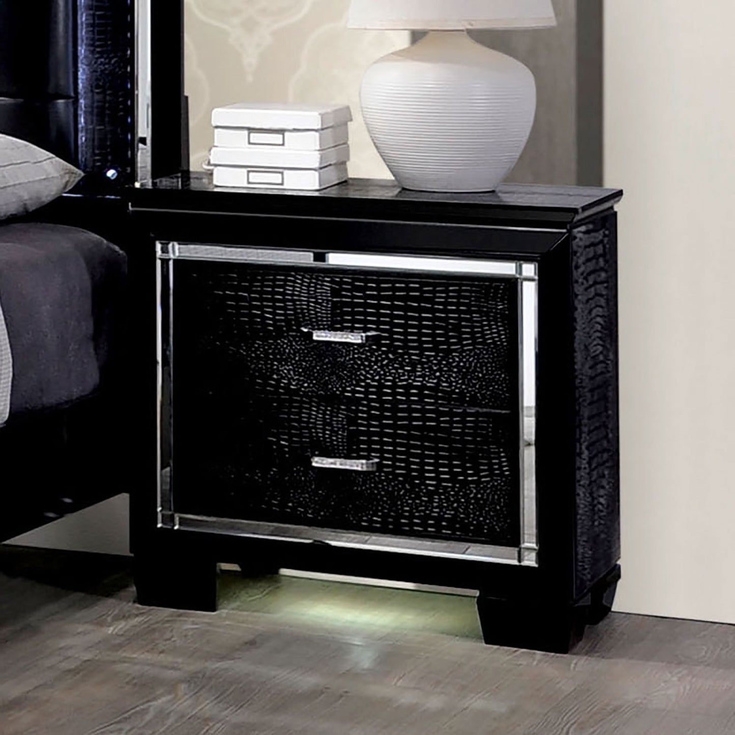 Black crocodile texture nightstand with mirrored trim and two drawers