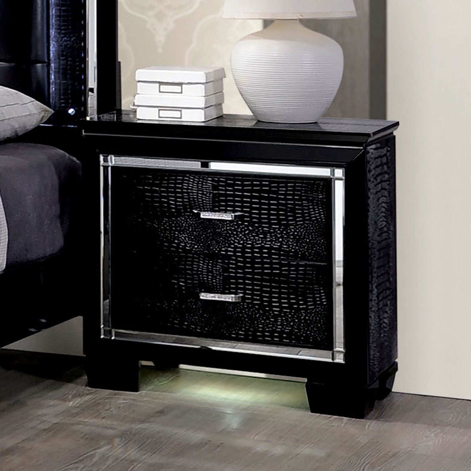 Black crocodile texture nightstand with mirrored trim and two drawers