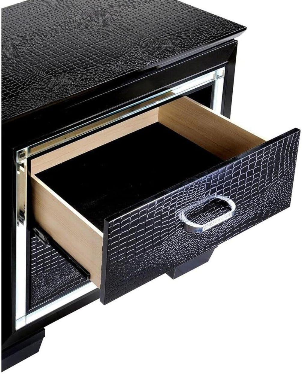 Black crocodile textured nightstand with mirrored trim and open drawer