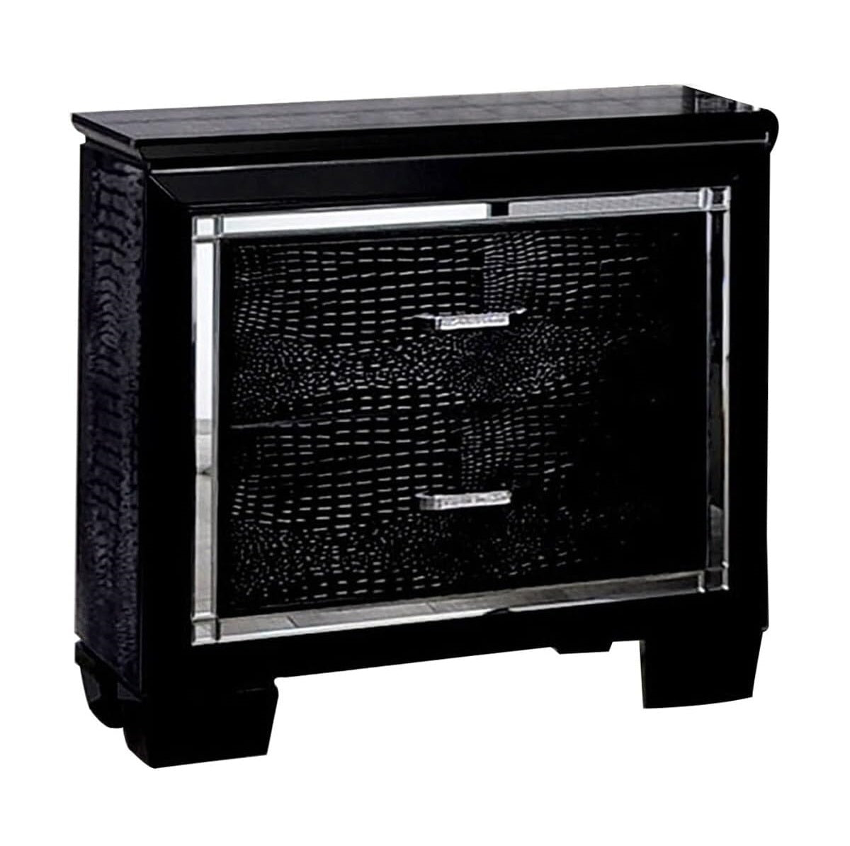 Sleek black crocodileembossed nightstand with two drawers and silver hardware