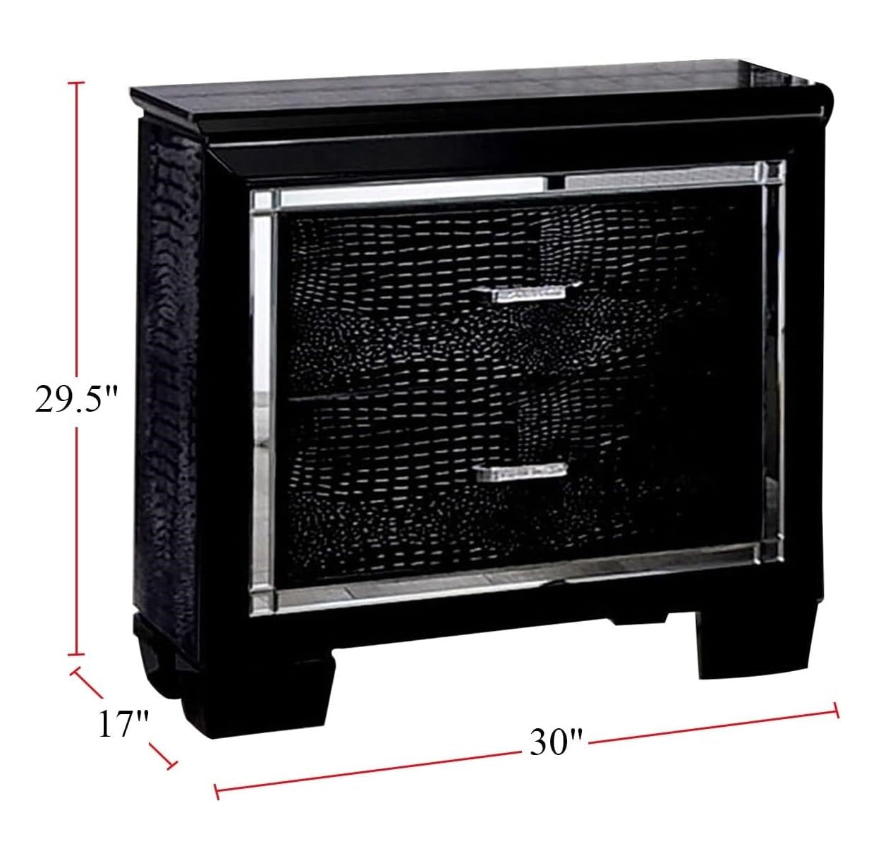 Black embossed faux alligator skin nightstand with silver hardware and mirrored trim