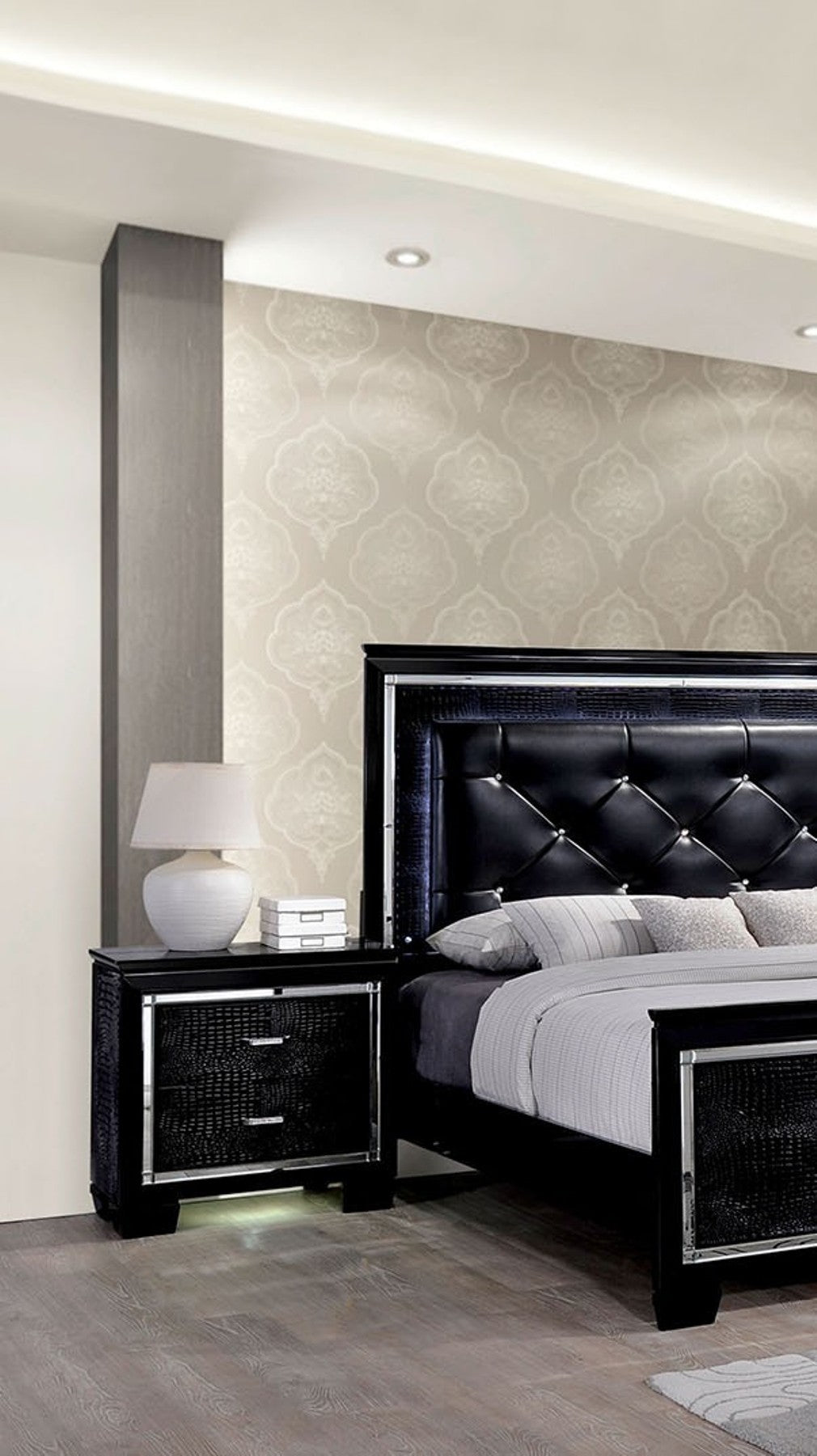 Black leather tufted headboard bed with crystal accents