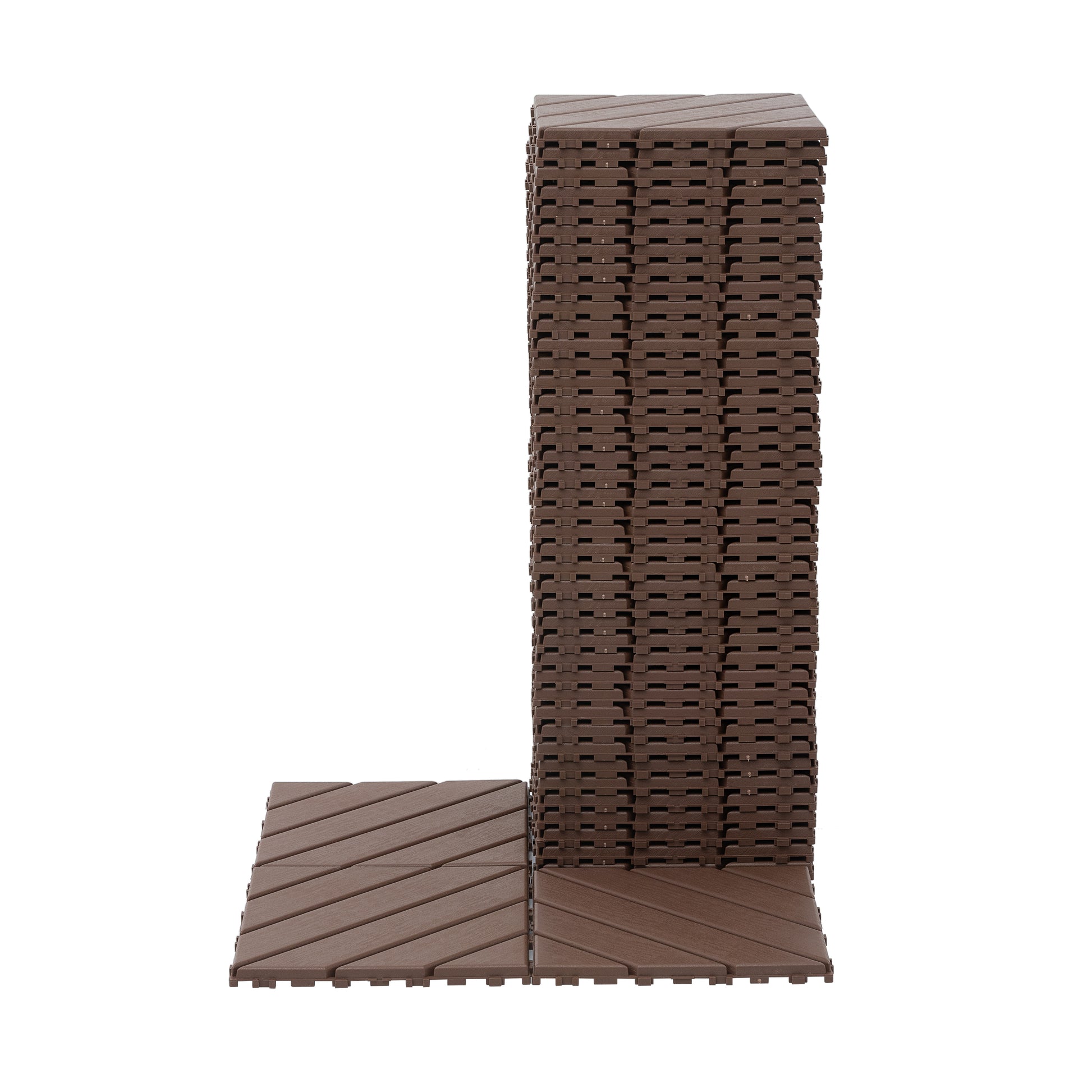 Brown interlocking deck tiles with a woodgrain texture stacked neatly