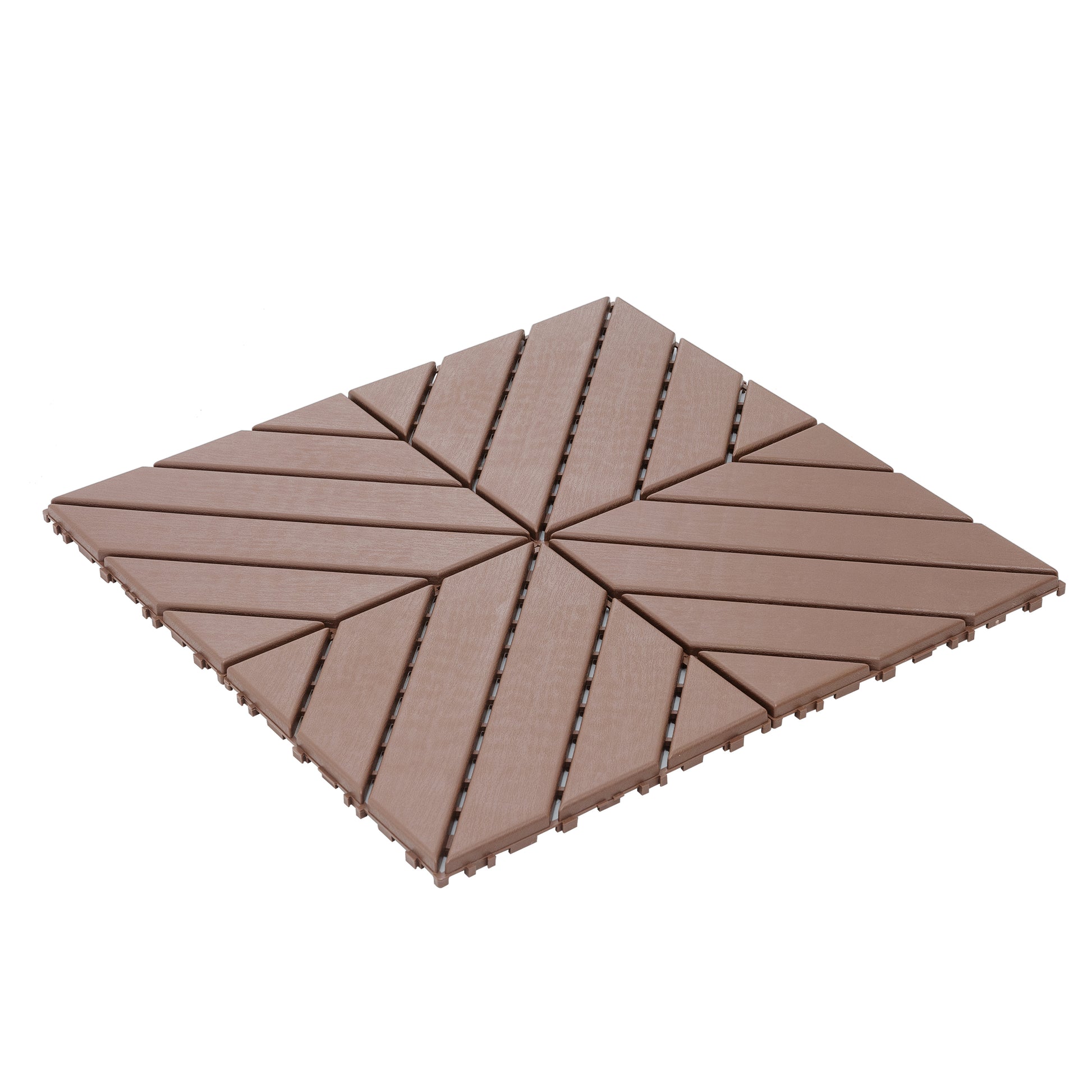 Brown interlocking composite deck tiles arranged in a diamond pattern for outdoor flooring