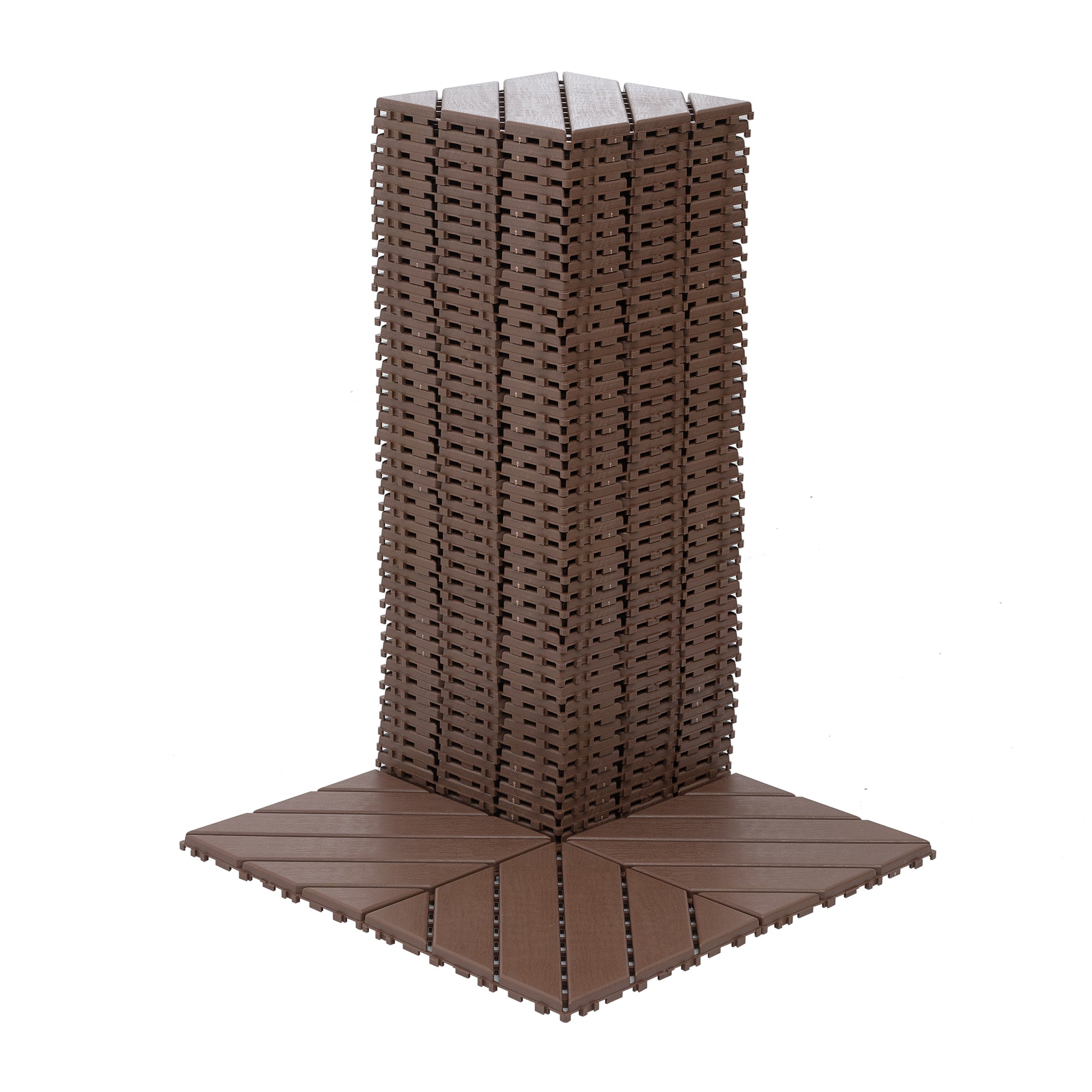 Brown composite interlocking deck tiles stacked high and fanned out at base