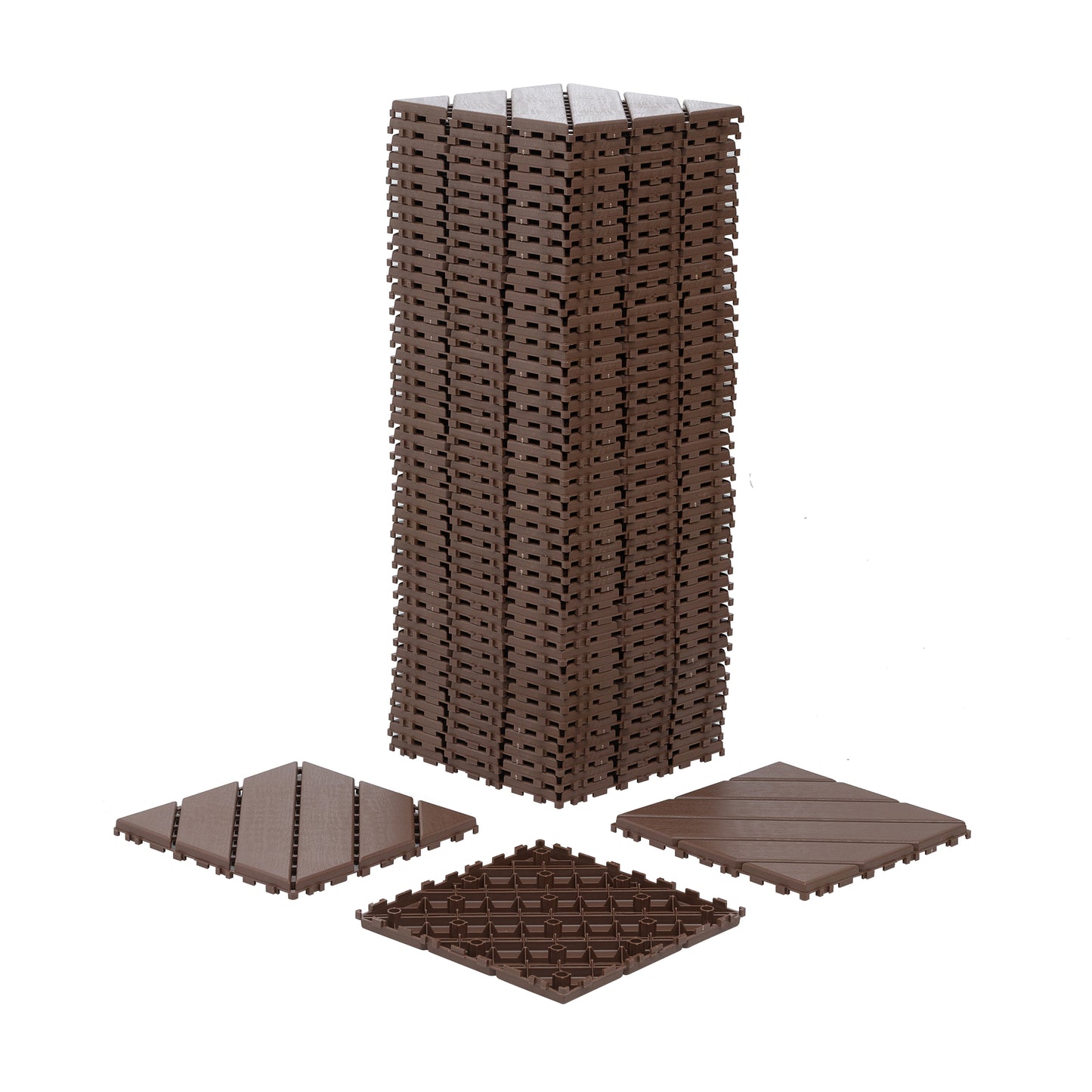 Stack of dark brown interlocking deck tiles showing a closeup of their textured surface and interlocking edges