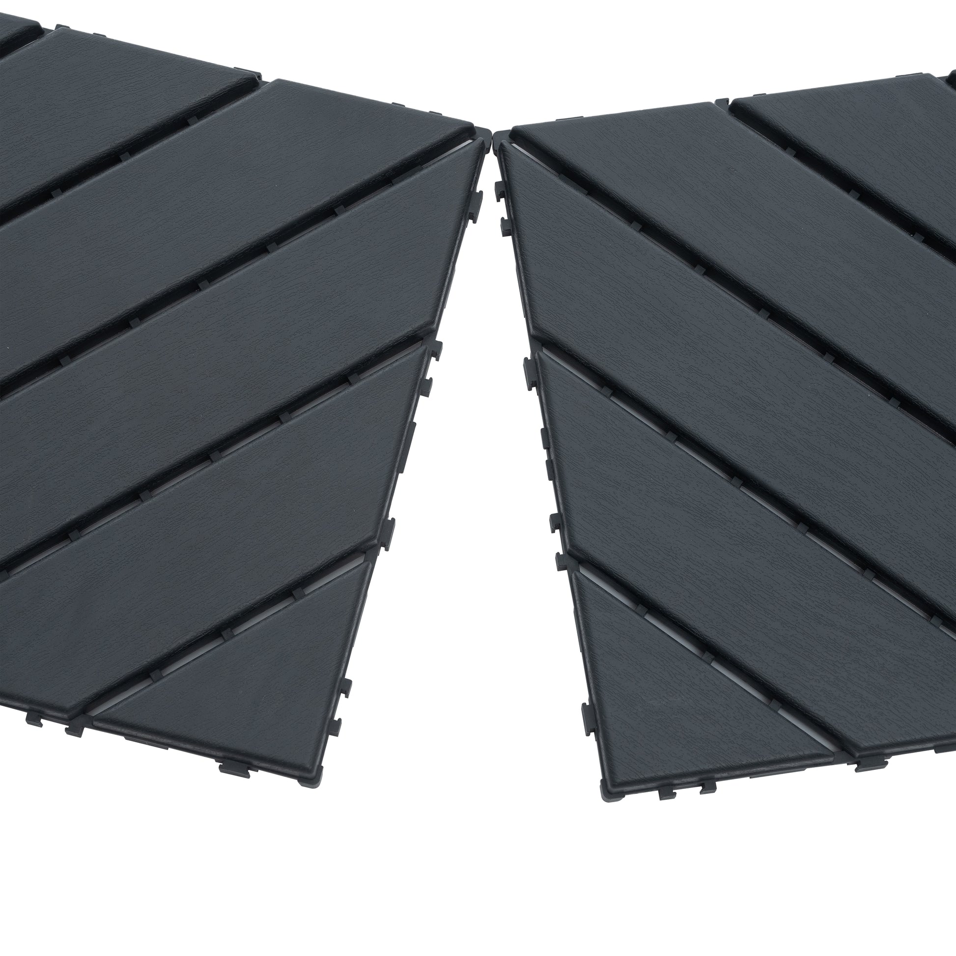 Dark grey interlocking composite deck tiles with a wood grain texture sold in pairs