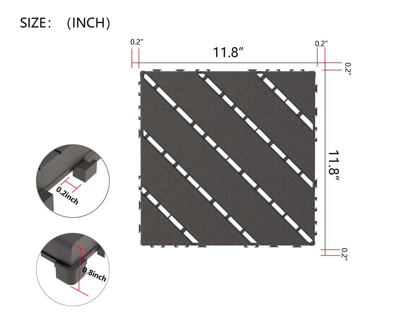 Dark grey interlocking deck tiles inch square with drainage gaps