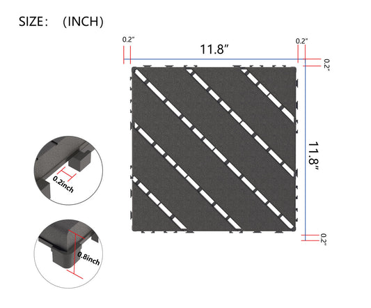 Dark grey interlocking deck tiles inch square with drainage gaps
