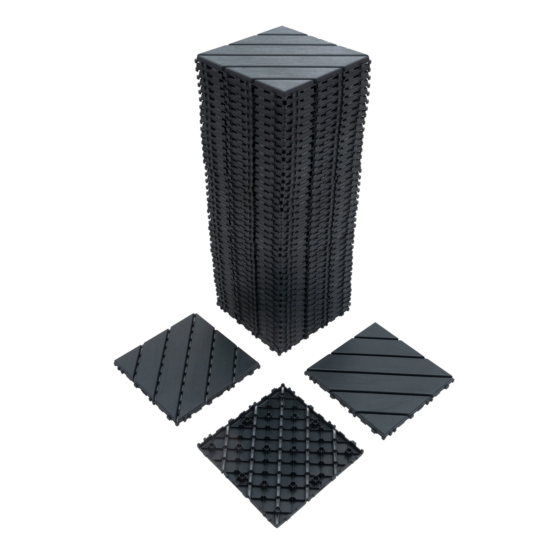 Stack of dark gray interlocking deck tiles with visible texture