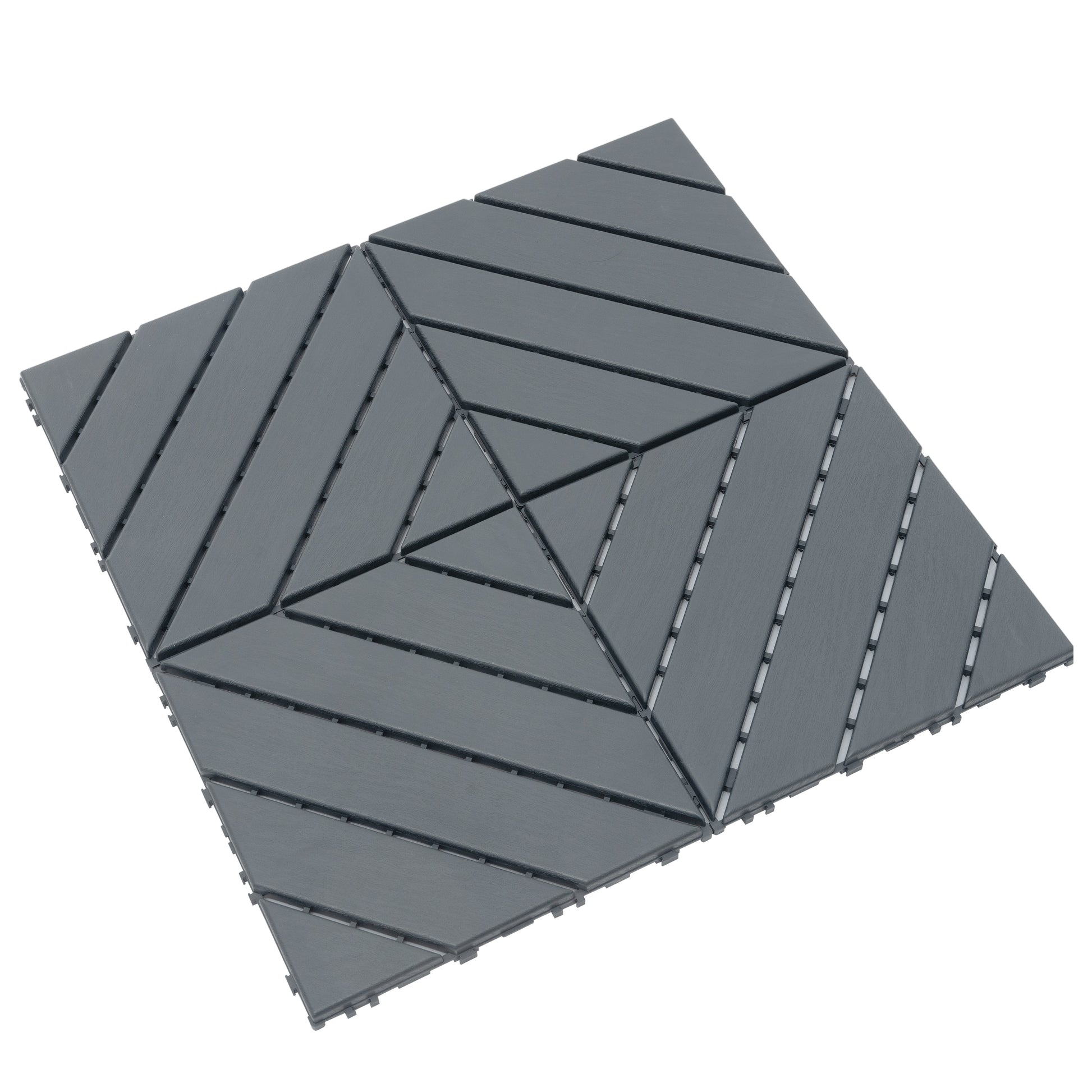 Modular interlocking deck tiles in charcoal grey creating a geometric pattern for outdoor spaces