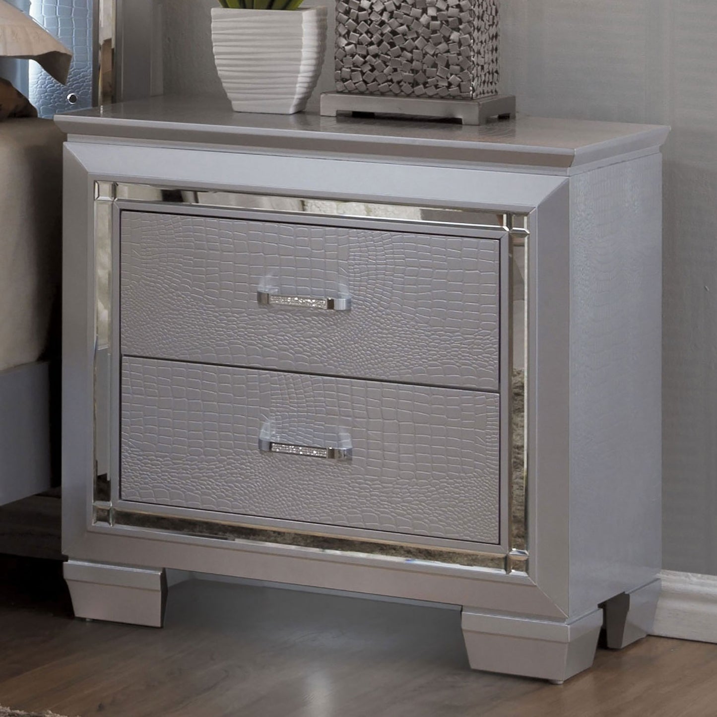 Silver crocodile embossed drawer nightstand with crystal handles and mirrored trim