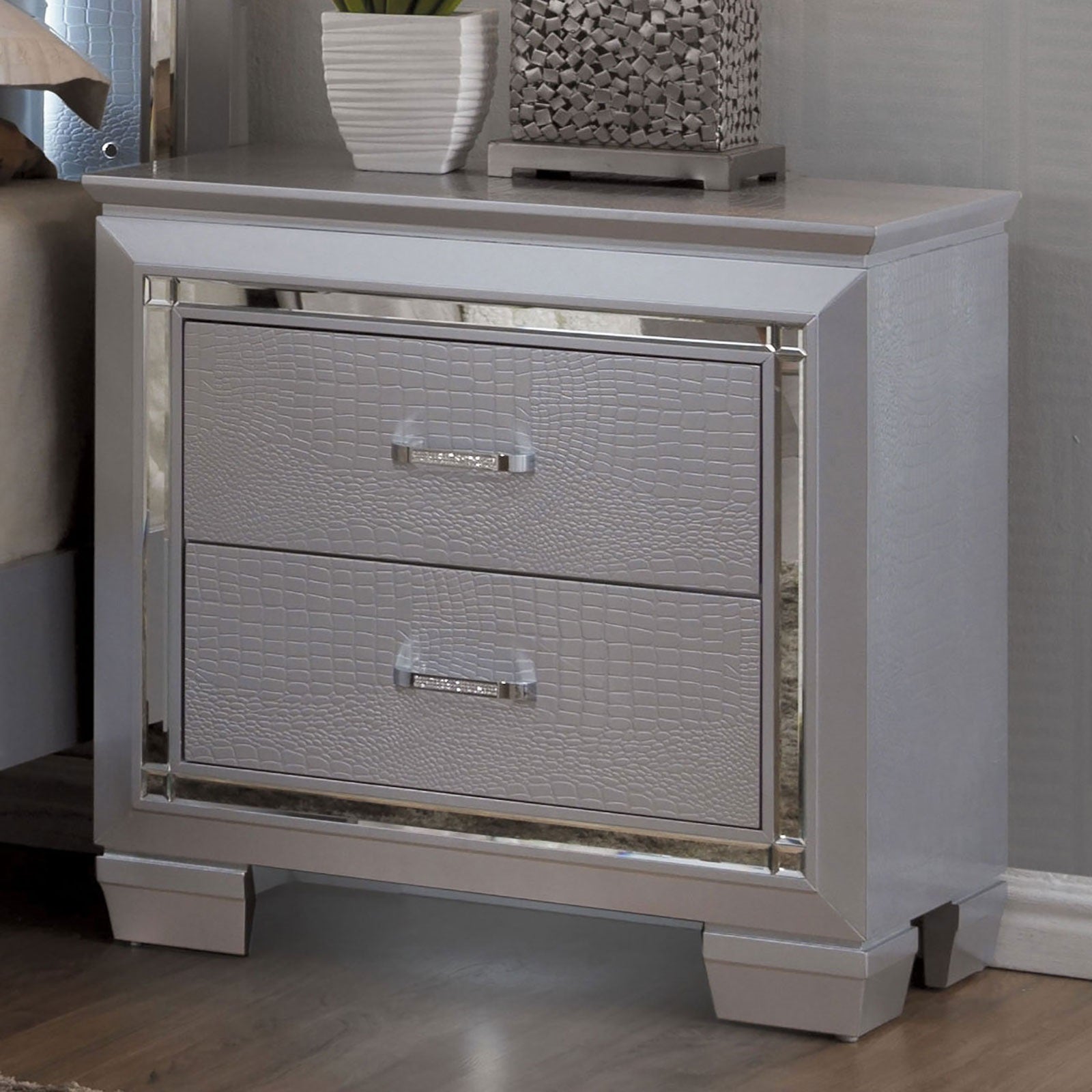 Silver crocodile embossed drawer nightstand with crystal handles and mirrored trim
