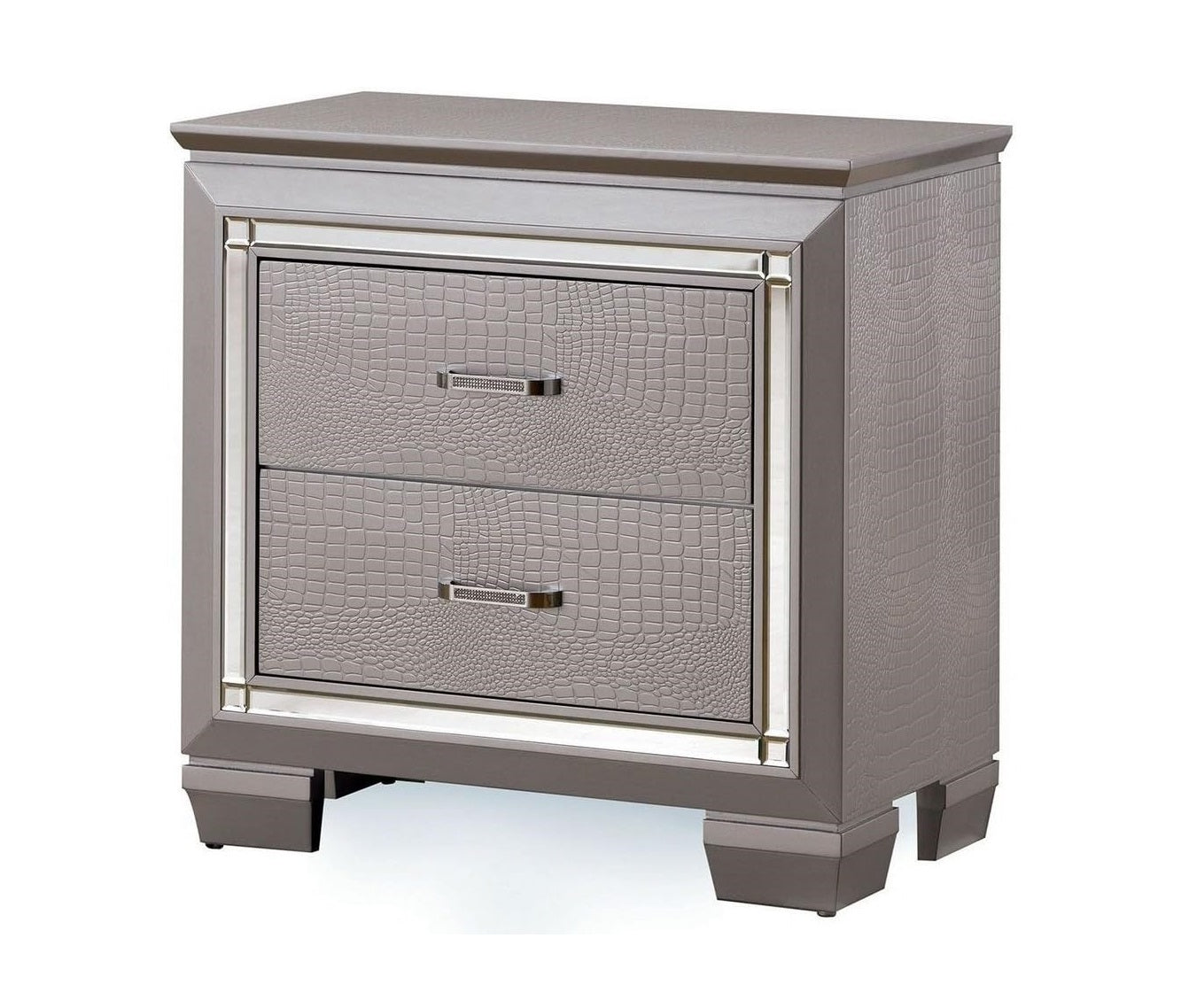 Gray crocodile textured twodrawer nightstand with mirrored trim and silver handles