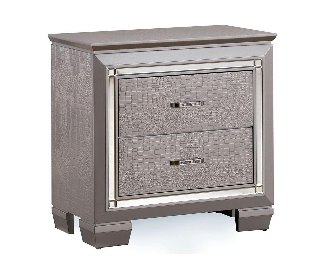 Gray alligatorembossed twodrawer nightstand with mirrored trim and silver handles