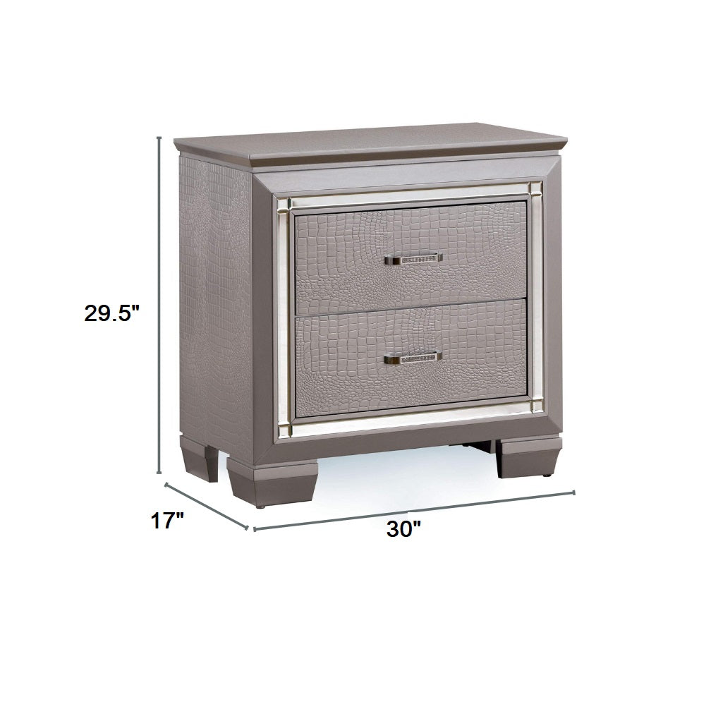 Gray crocodile texture nightstand with mirrored trim and two drawers