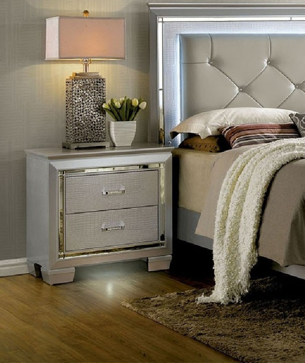 Silver mirrored nightstand with two drawers and crystal knobs