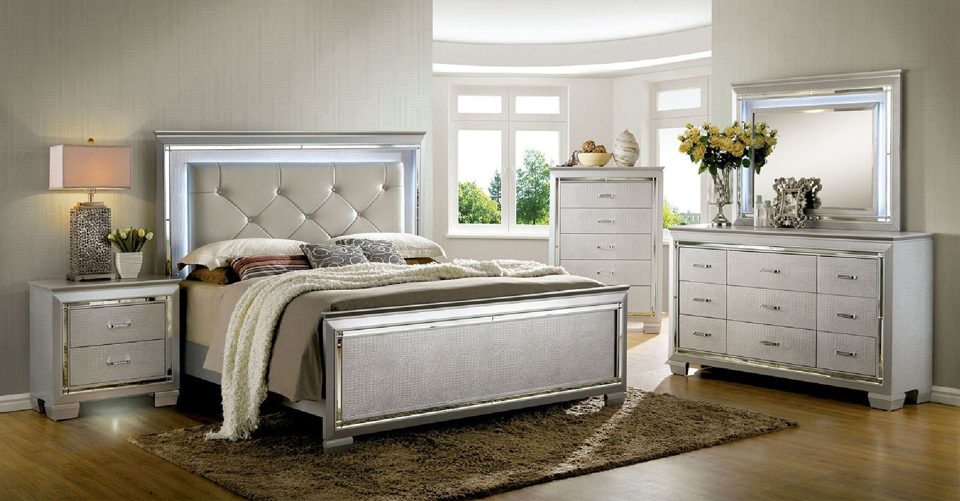 Tufted silver upholstered queen bed with LED lighting and textured silver accents