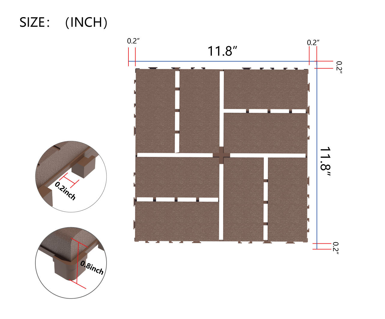 inch interlocking deck tiles in brown featuring a woodgrain texture and a  inch interlocking height for easy installation