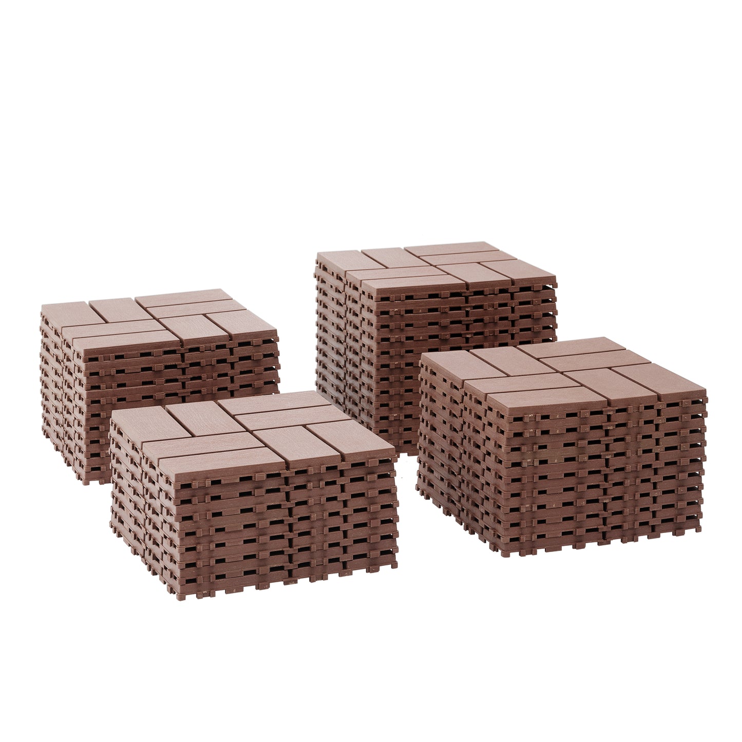 Four stacks of brown composite deck tiles designed for easy interlocking installation