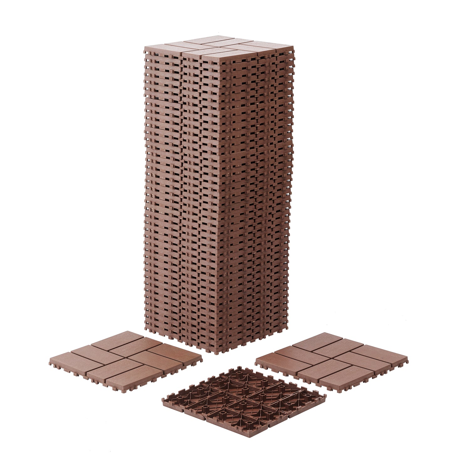 Brown interlocking deck tiles for outdoor patios showcasing stack and individual units