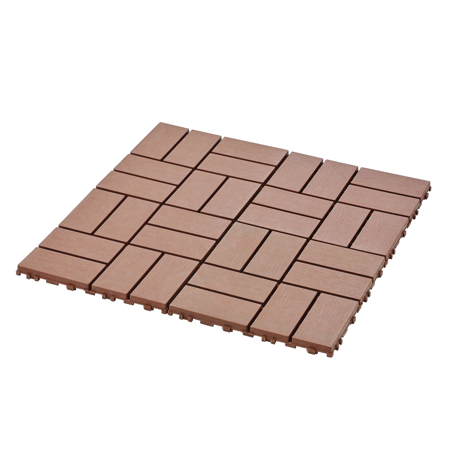 Brown interlocking deck tiles with a woodgrain texture for outdoor patios