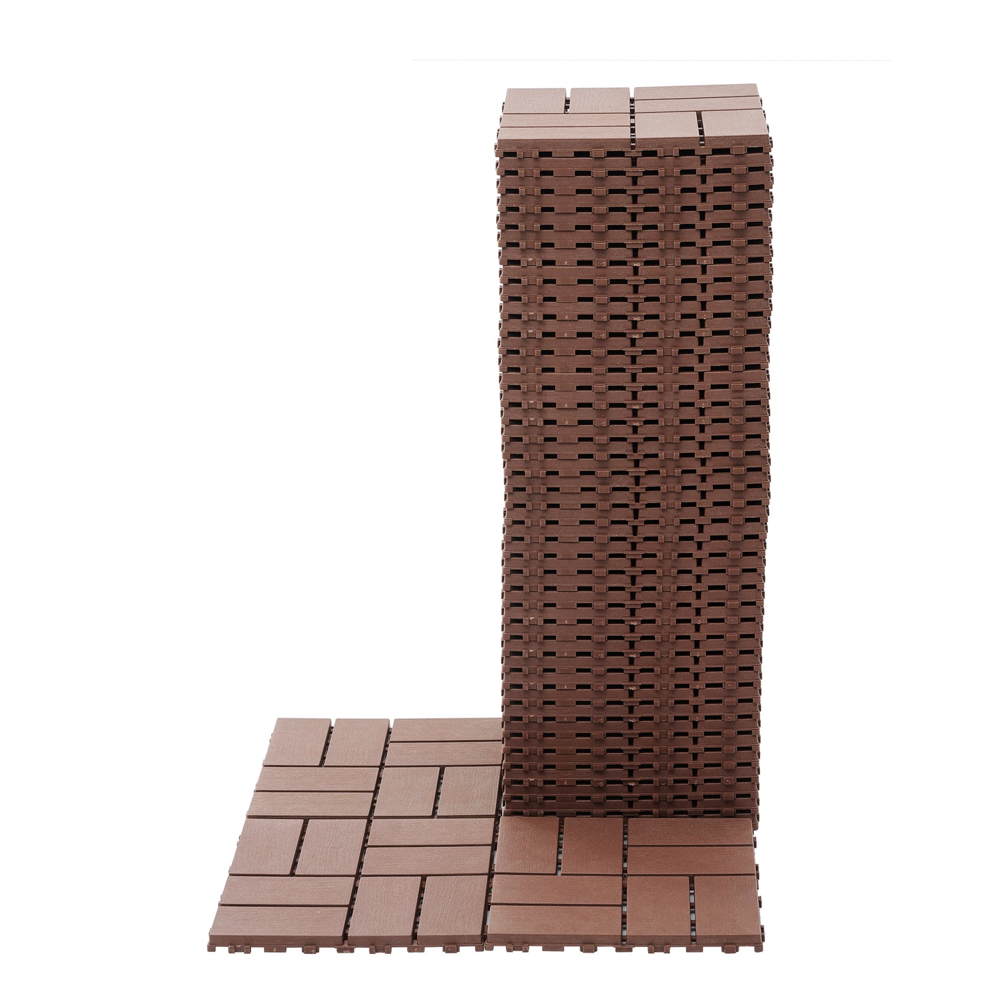Stack of dark brown interlocking wood composite deck tiles for patios and outdoor spaces