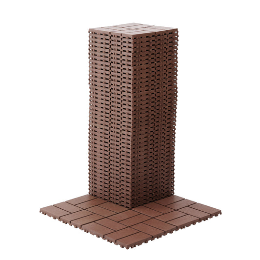 Stack of brown interlocking deck tiles perfect for outdoor patios and balconies