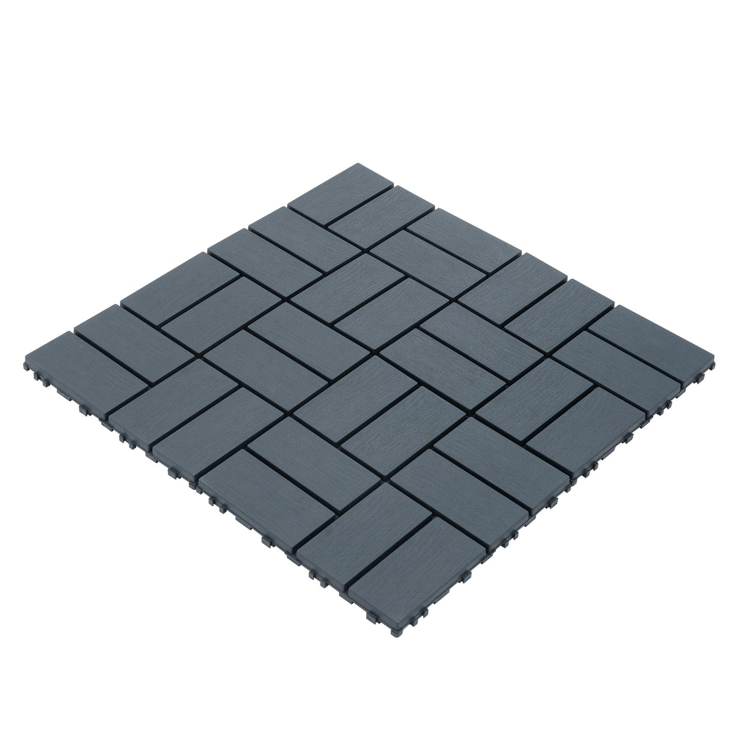 Dark grey interlocking deck tiles arranged in a herringbone pattern