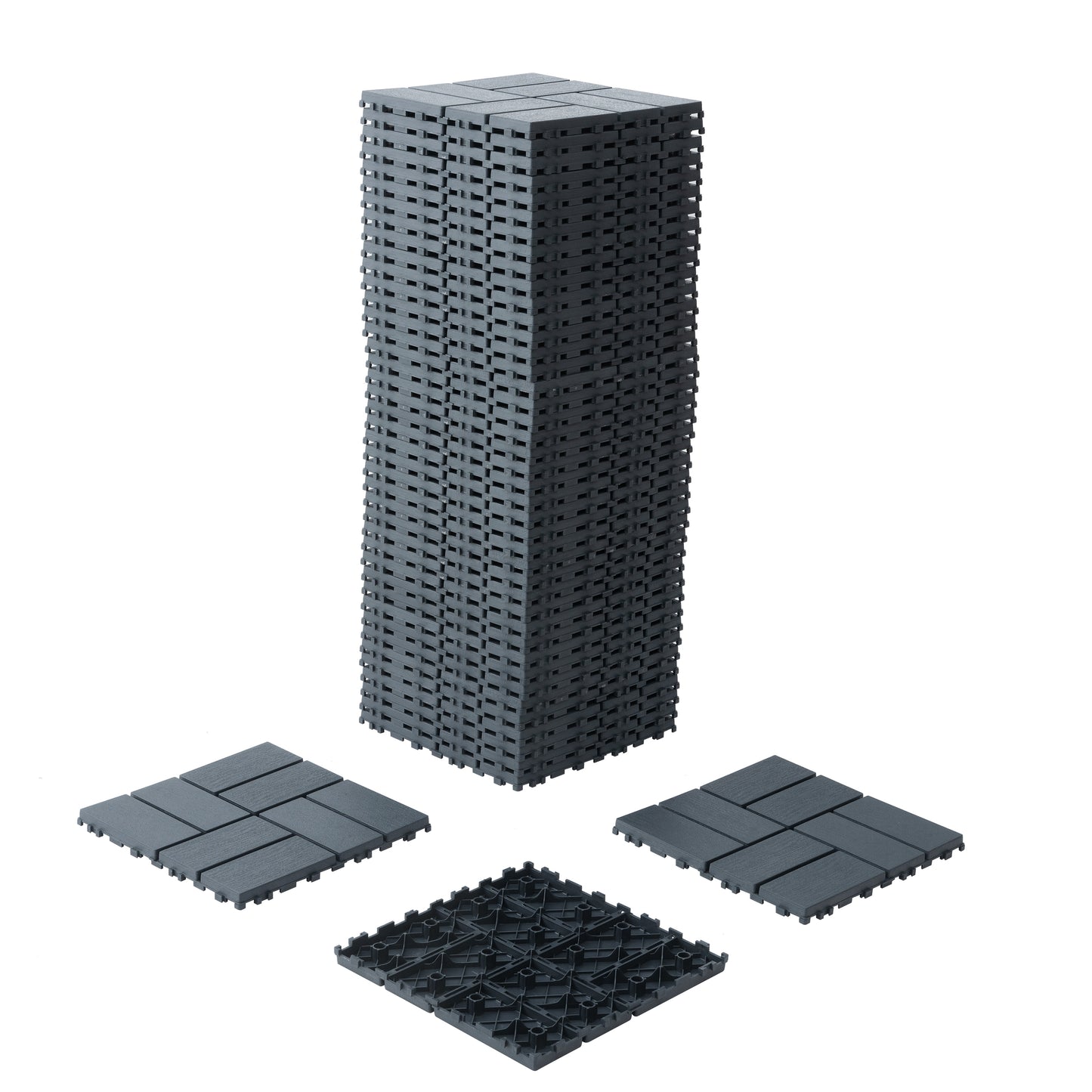 Stack of grey interlocking deck tiles showing interlocking mechanism