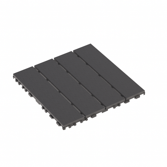 Four dark grey interlocking deck tiles with a textured surface