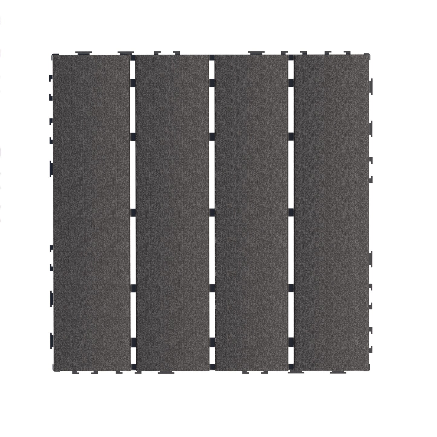 Dark grey interlocking deck tiles with textured surface and black connectors