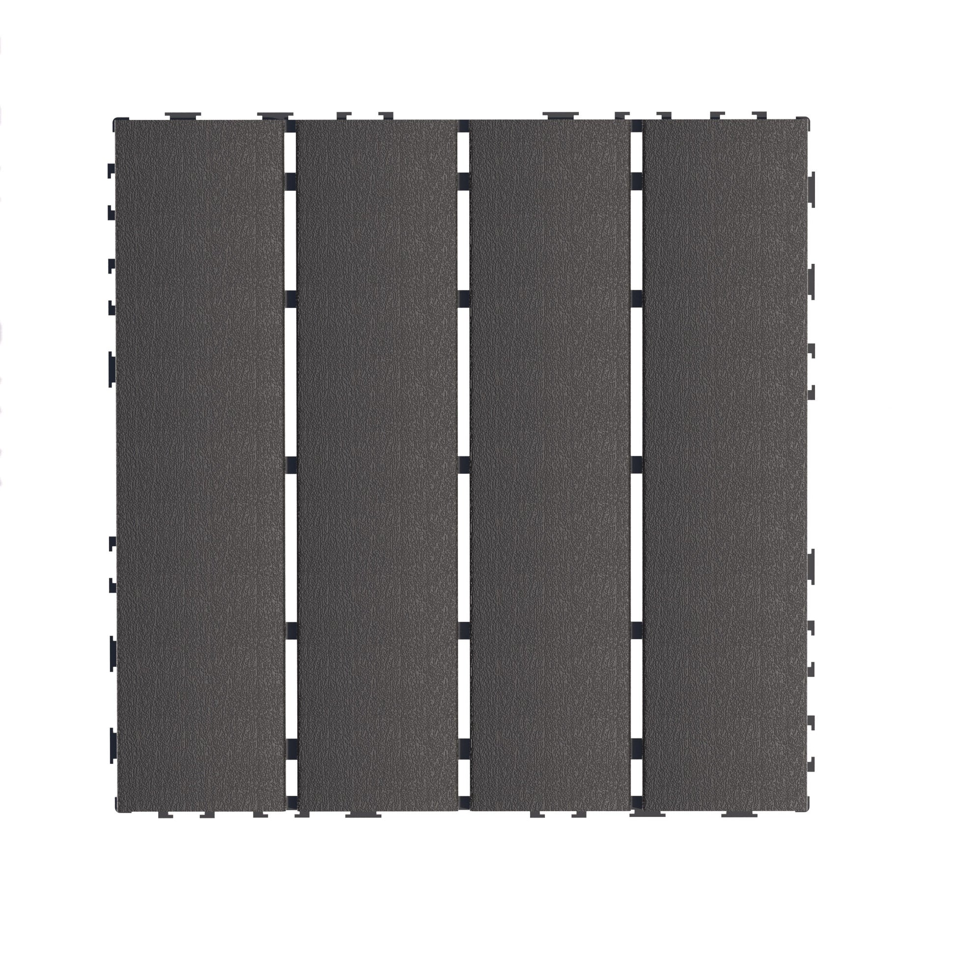 Dark grey interlocking deck tiles with textured surface and black connectors