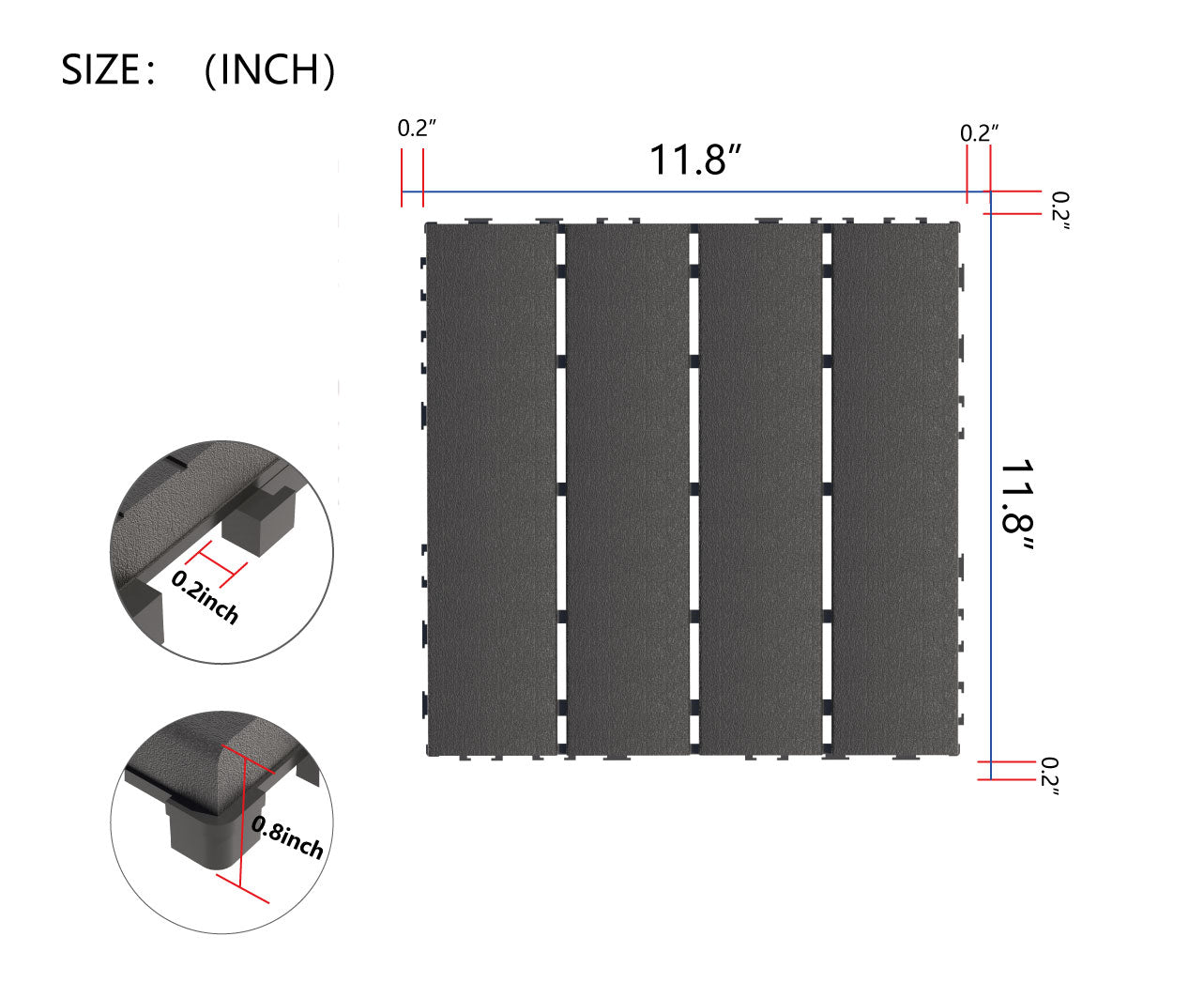 Dark gray interlocking deck tile  inch square with  inch thickness