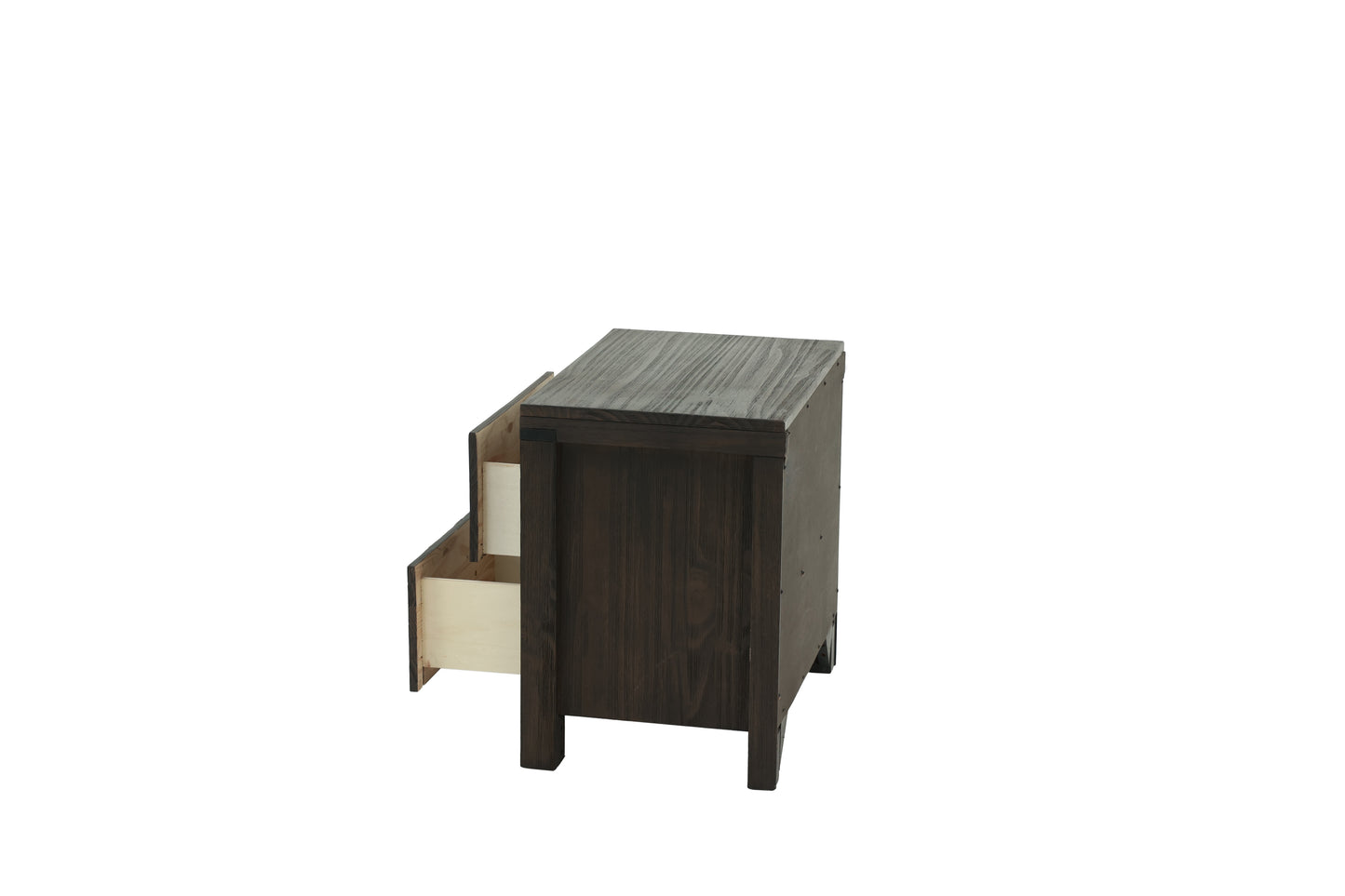 Dark oak wood twodrawer nightstand with exposed wooden drawer interiors